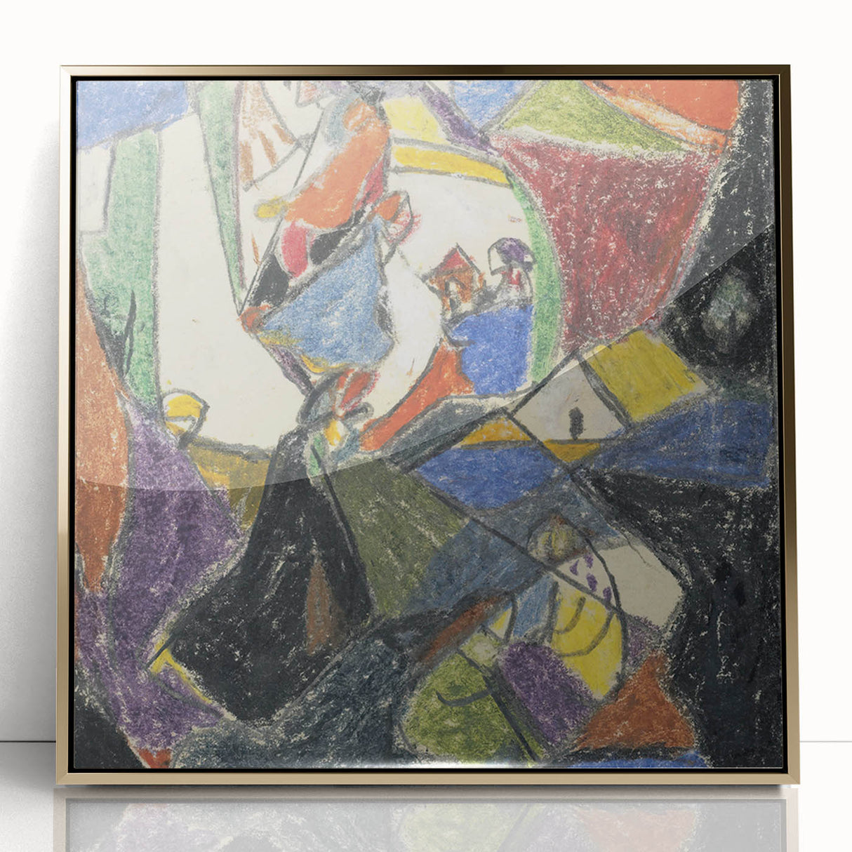 Mid-century modernist art print in acrylic, featuring geometric shapes in bold colors, framed in gold.
