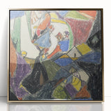 Mid-century modernist art print in acrylic, featuring geometric shapes in bold colors, framed in gold.