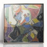 Mid-century modernist art deco poster, acrylic in silver frame, featuring geometric shapes in muted colors.