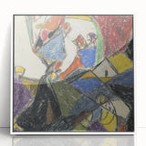 Art Deco poster featuring geometric shapes in muted blue and pink, acrylic print framed in white.