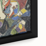 Framed canvas of a textured abstract design in black with vibrant color accents, suitable for large living room walls.