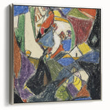 Framed canvas featuring a vintage landscape art painting with colorful abstract patterns on a black background.