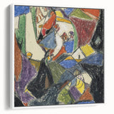 Vintage poster art featuring a colorful abstract design on a large framed canvas, ideal for living room decor.