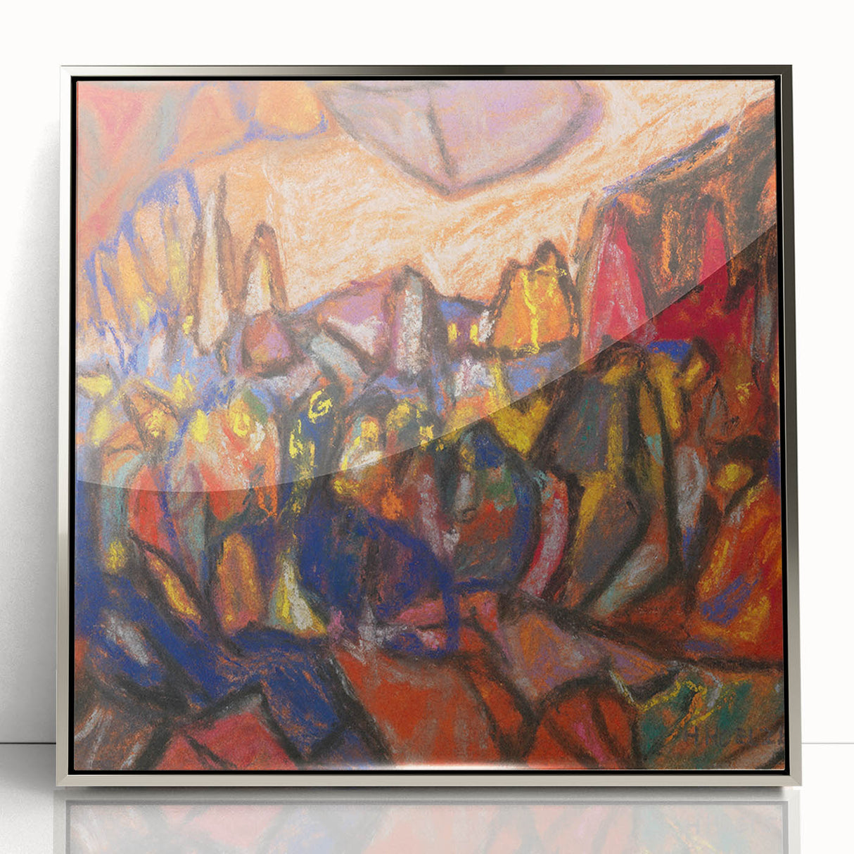 Mid-century modernist art featuring geometric shapes in muted colors on a silver-framed acrylic, ideal for nursery wall art.