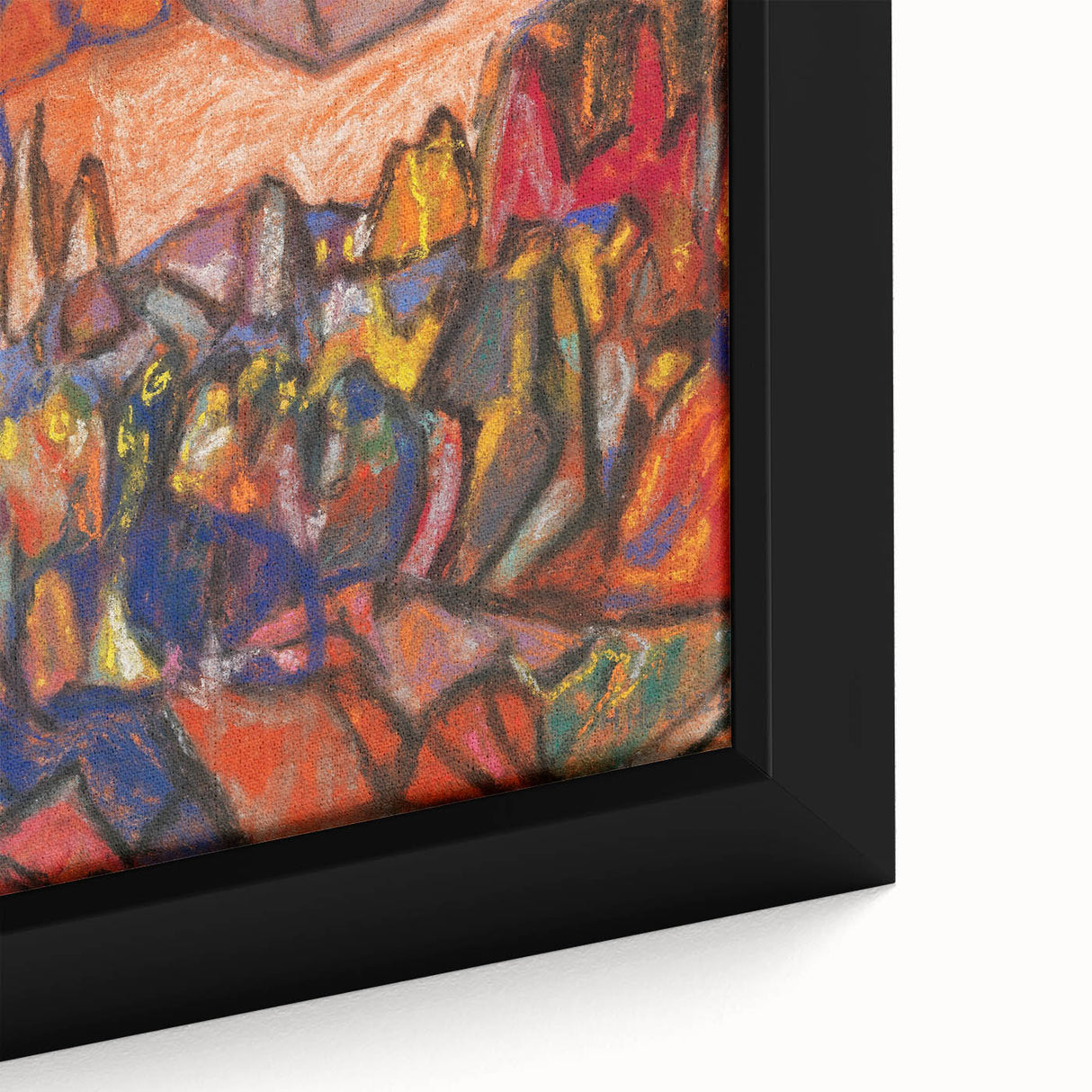 Extra large framed canvas featuring textured, colorful abstract design on black background, ideal for living room decor.