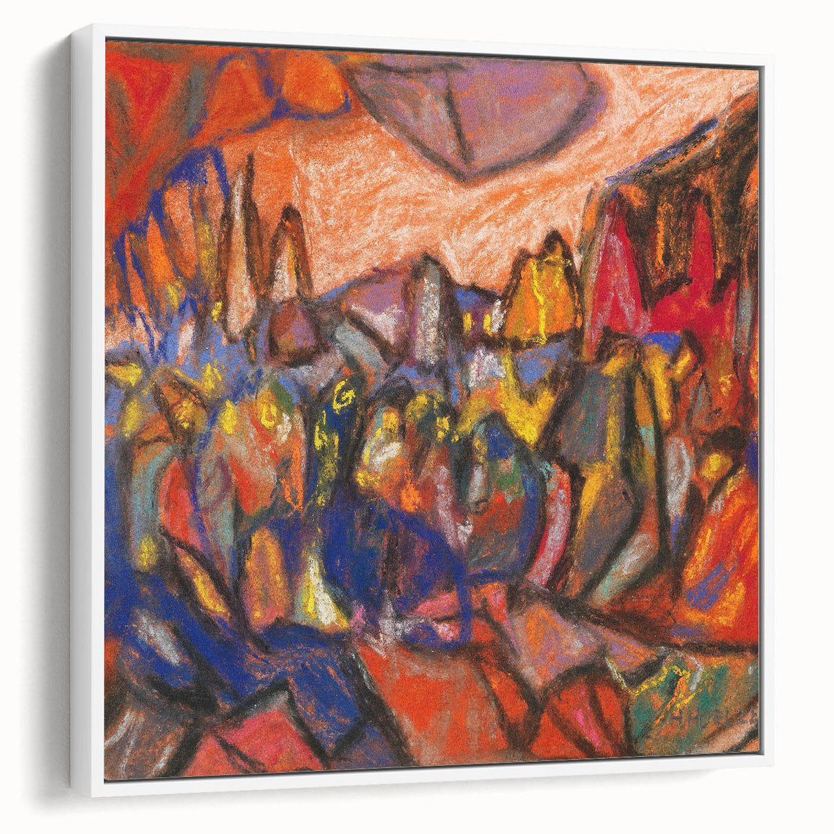 Vintage poster art featuring abstract, colorful design on a white-framed canvas, ideal for living room decor.