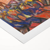 Art deco poster featuring geometric shapes in muted blues and greens on rolled canvas, suitable for dining room decor.