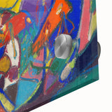 Large abstract wall art in mid-century modernist style, featuring bold geometric shapes in vibrant colors on acrylic glass.