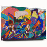 Large abstract wall art on acrylic glass featuring geometric shapes in muted tones.