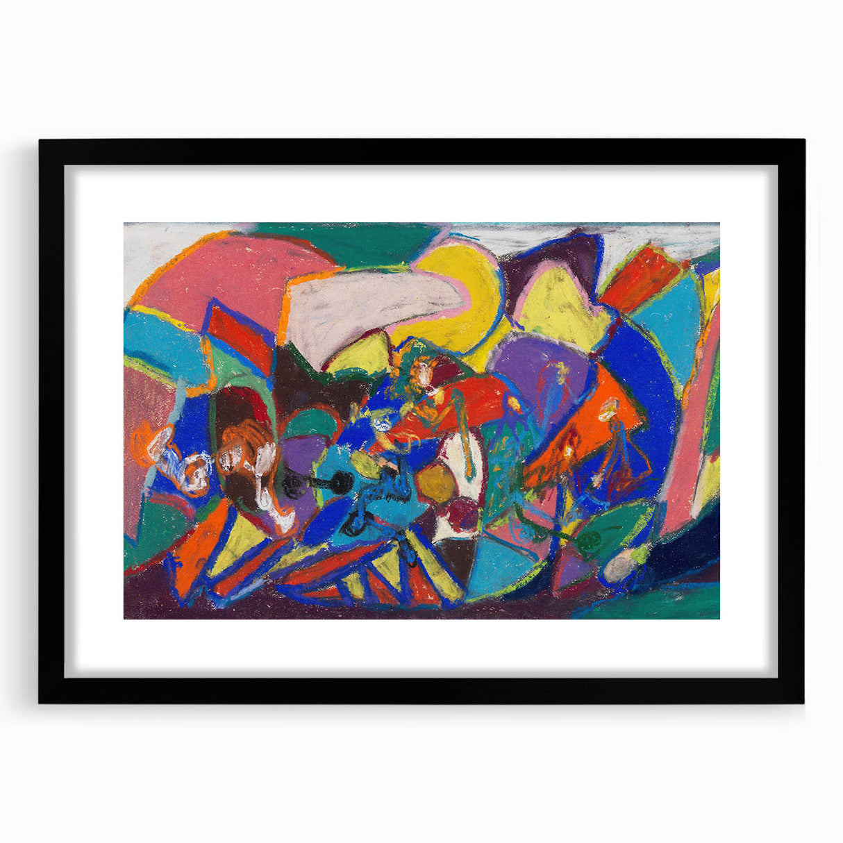 Extra large abstract art print featuring textured, colorful swirls on canvas, framed in black, ideal for living room decor.