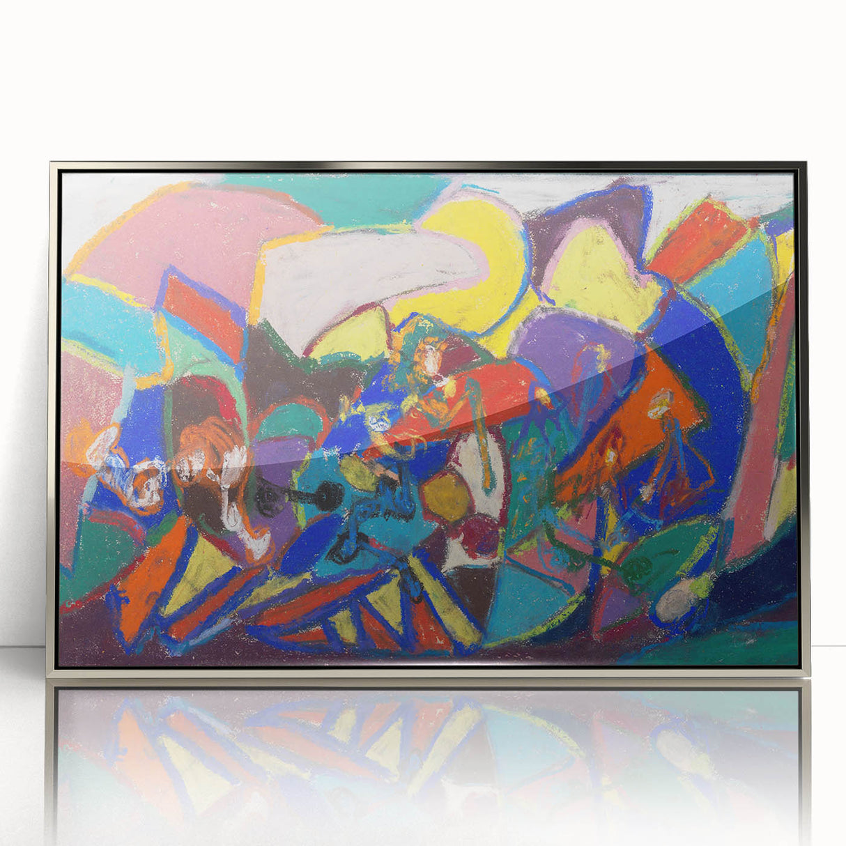 Mid-century modernist art deco poster in acrylic, silver frame, ideal for nursery wall art.