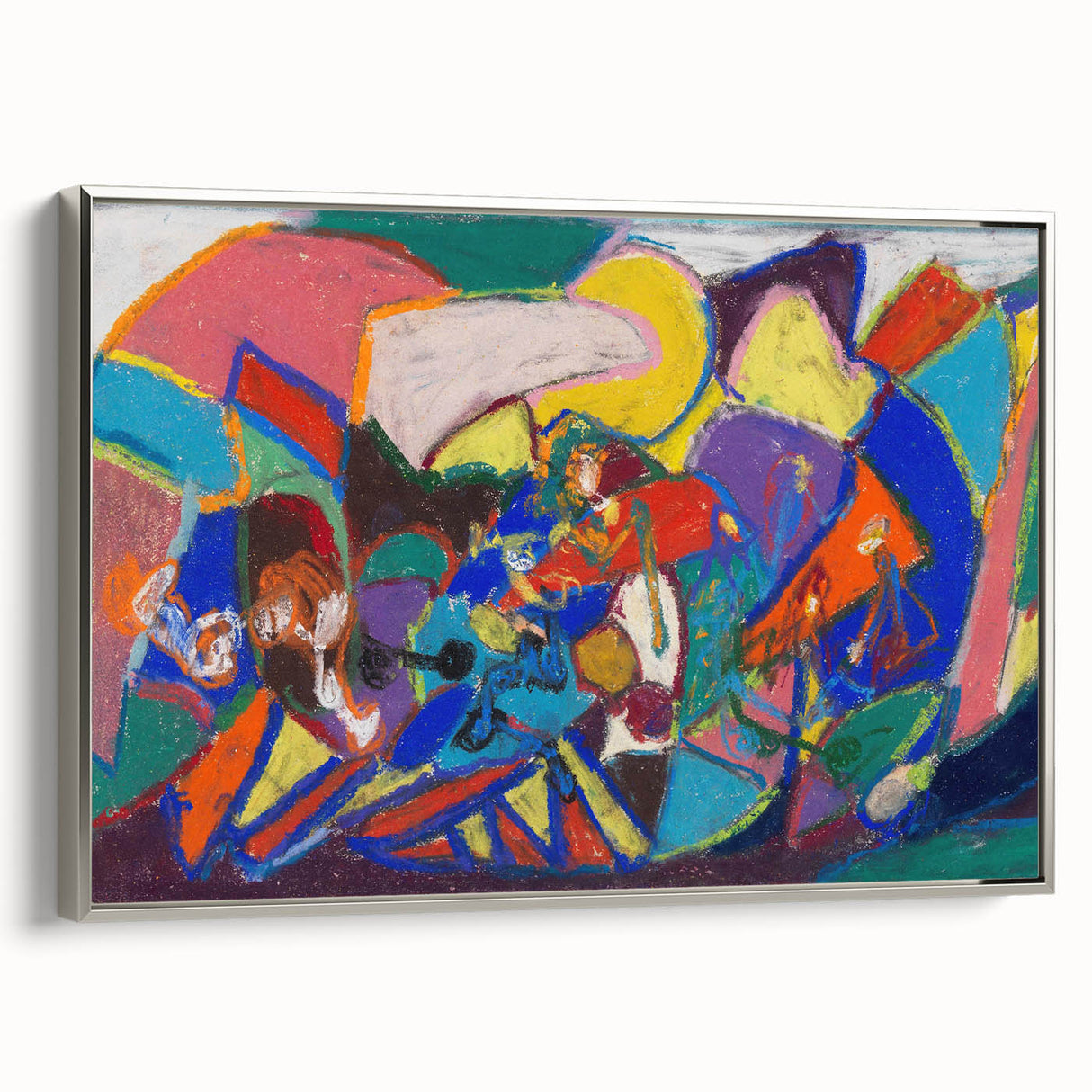 Framed canvas of a vintage-style landscape painting with colorful abstract elements, ideal for a modern living room.