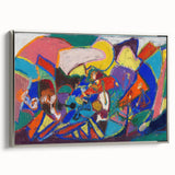 Framed canvas of a vintage-style landscape painting with colorful abstract elements, ideal for a modern living room.