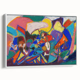 Framed canvas of vintage poster art featuring a colorful abstract design on a black background, ideal for living room decor.