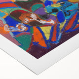 Art Deco poster featuring geometric shapes in muted teal and beige, printed on rolled canvas, suitable for dining room walls.