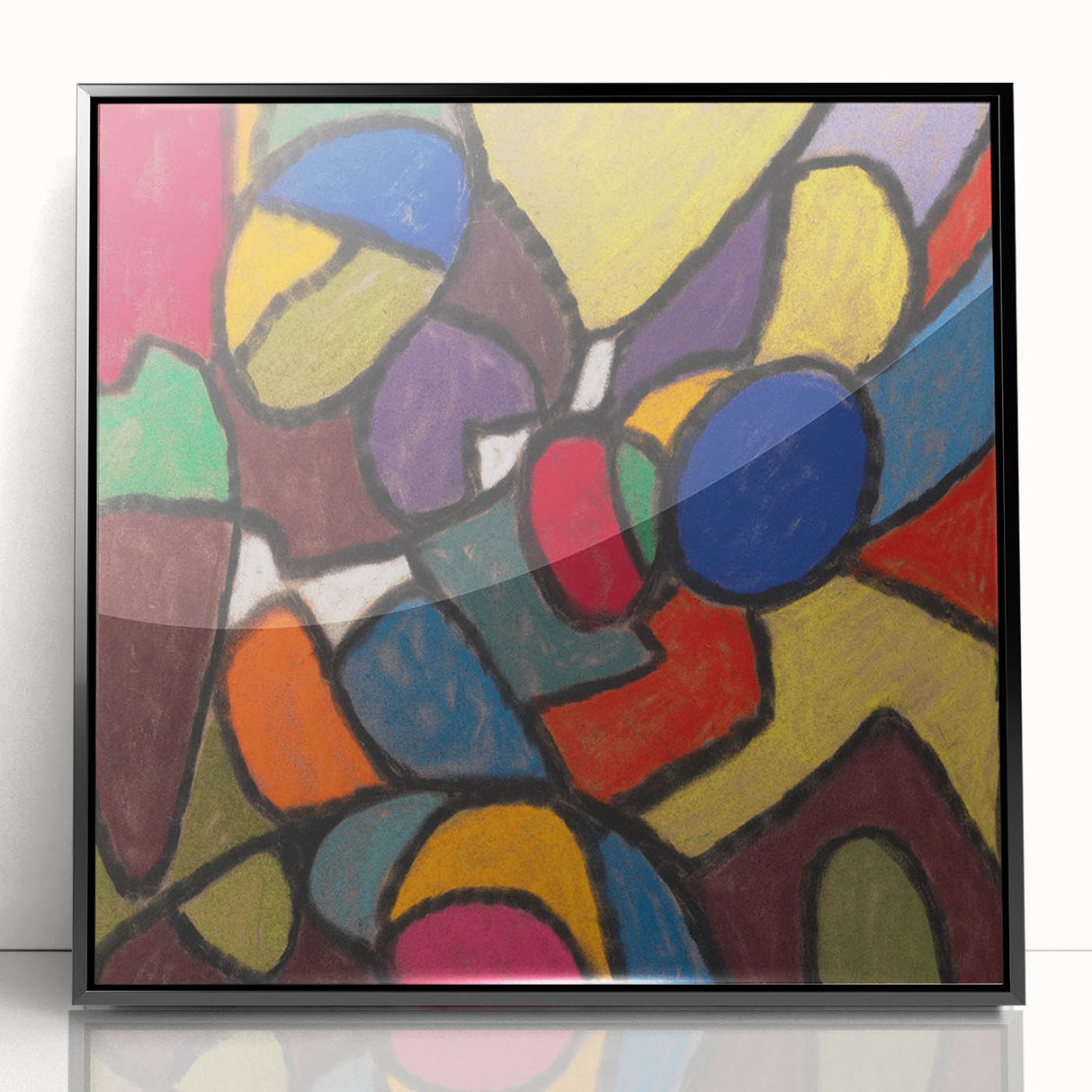 Large abstract wall art print featuring mid-century modernist design in muted earth tones, framed in black acrylic.