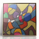 Mid-century modernist art print of abstract geometric shapes in muted gold and blue tones, framed acrylic.
