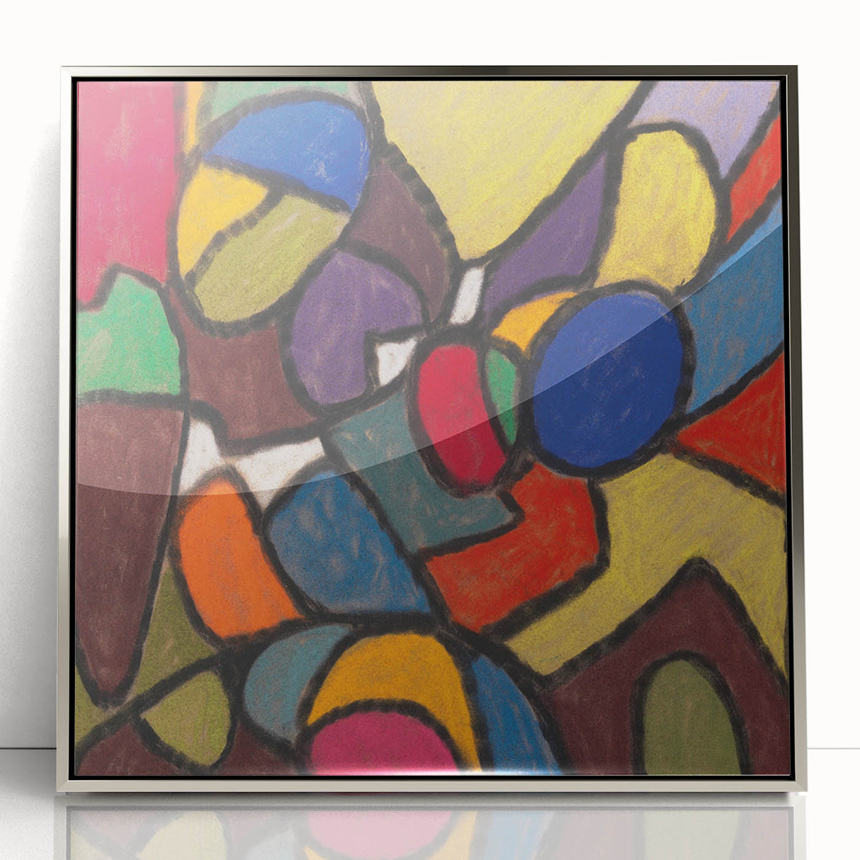 Mid-century modernist art by Adolf Holzel in acrylic, featuring abstract forms in blue and gray, framed in silver.