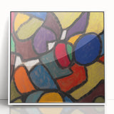 Art Deco poster featuring geometric shapes in muted blues and greys on white acrylic, ideal for modern nursery wall art.