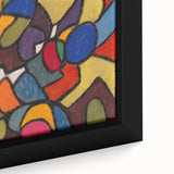Extra large framed canvas featuring textured, colorful abstract shapes on a black background, ideal for living room decor.