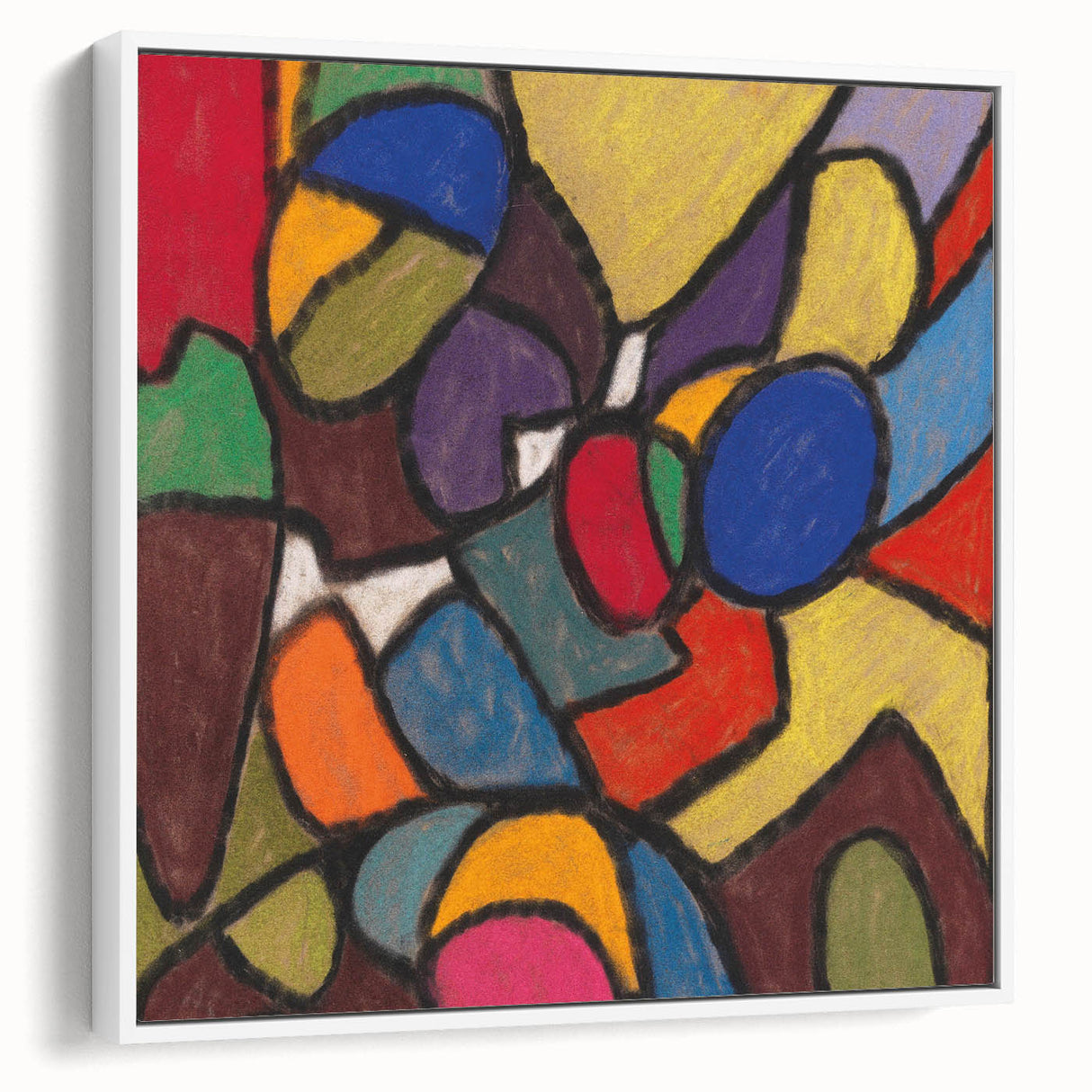 Vintage poster art of an abstract design in colorful hues on a large framed canvas, suitable for living room decor.