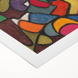 Art deco poster featuring geometric shapes in bold red and black on a rolled canvas, suitable for dining room decor.