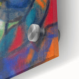 Mid-century modernist large abstract wall art in blue and green tones on acrylic glass, ideal for dining room ambiance.