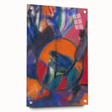 Large abstract wall art on acrylic glass, featuring geometric shapes in muted blues and greens.