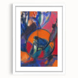 Abstract art print featuring geometric shapes in muted tones on a white framed mat.