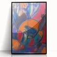 Large abstract wall art featuring mid-century modernist design in muted earth tones on a black framed acrylic print.