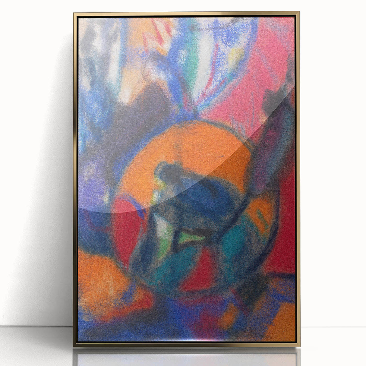 Mid-century modernist art featuring abstract shapes in muted tones on a gold-framed acrylic, ideal for nursery wall art.