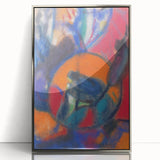 Mid-century modernist art deco poster in silver frame, featuring geometric shapes in muted colors.