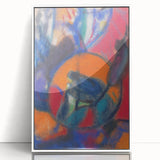 Art deco poster featuring geometric shapes in muted blue and pink, framed acrylic, ideal for nursery wall art.