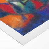 Art deco poster featuring geometric shapes in bold red, blue, and beige tones on rolled canvas.