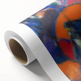 Art Deco poster featuring geometric shapes in muted pastel tones on rolled canvas, ideal for nursery wall art.