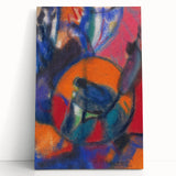 Large black and white abstract art on stretched canvas, featuring geometric shapes.