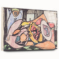 Large abstract wall art on acrylic glass featuring dynamic shapes in bold colors.