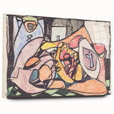 Large abstract wall art on acrylic glass featuring dynamic shapes in bold colors.