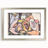 Textured abstract art print in muted blues and greens on a framed canvas, ideal for modern bedroom decor.