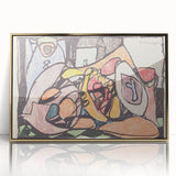Mid-century modernist art print featuring abstract shapes in muted colors, framed in gold acrylic.