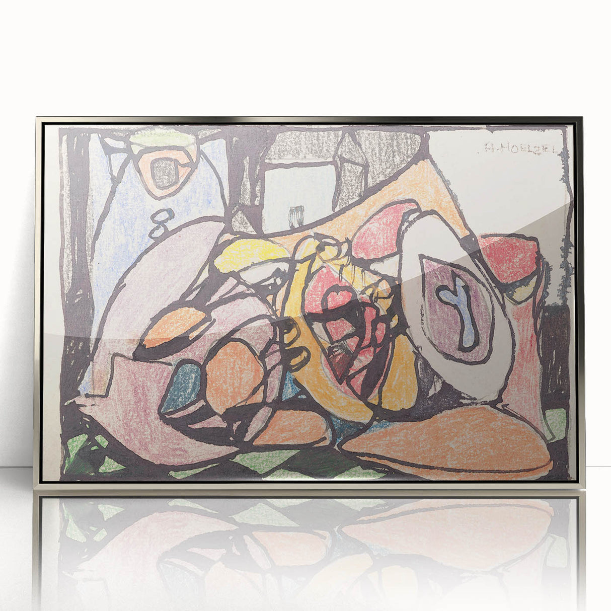 Mid-century modernist art deco poster featuring geometric shapes in muted colors, framed in silver acrylic.