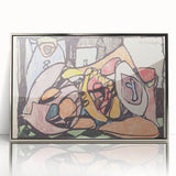 Mid-century modernist art deco poster featuring geometric shapes in muted colors, framed in silver acrylic.