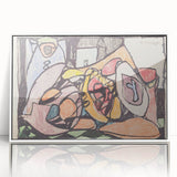 Art deco poster featuring geometric shapes in muted gold and navy, acrylic framed, suitable for modern nursery wall decor.