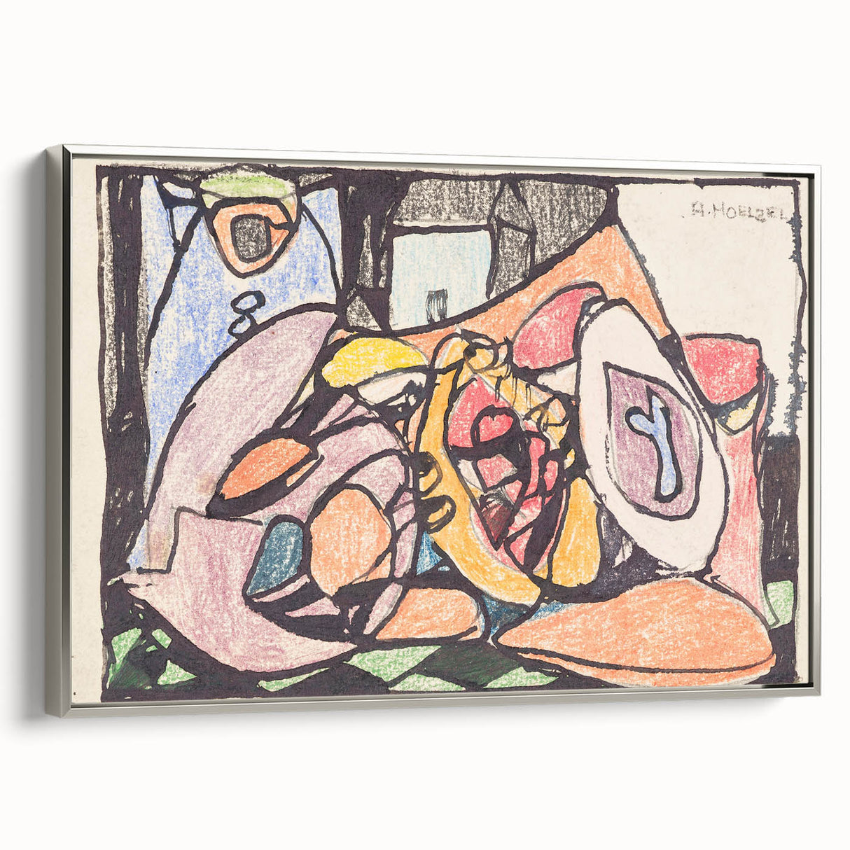Framed canvas of Adolf Holzel's landscape art painting in silver, featuring vintage poster art style with colorful elements.