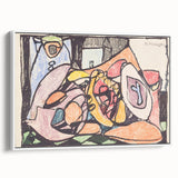 Vintage poster art of colorful abstract design on extra large framed canvas, ideal for living room decor.