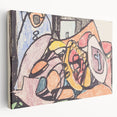 Abstract design by Adolf Holzel in muted orange and blue on stretched canvas, ideal for kitchen wall art.
