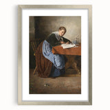 Textured abstract art print in cool blues and grays, framed in silver, ideal for modern bedroom decor.