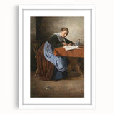 Abstract art print featuring geometric shapes in muted blue and beige tones on a white framed canvas.