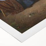 Art deco poster featuring geometric shapes in muted gold and navy tones on rolled canvas, suitable for dining room decor.