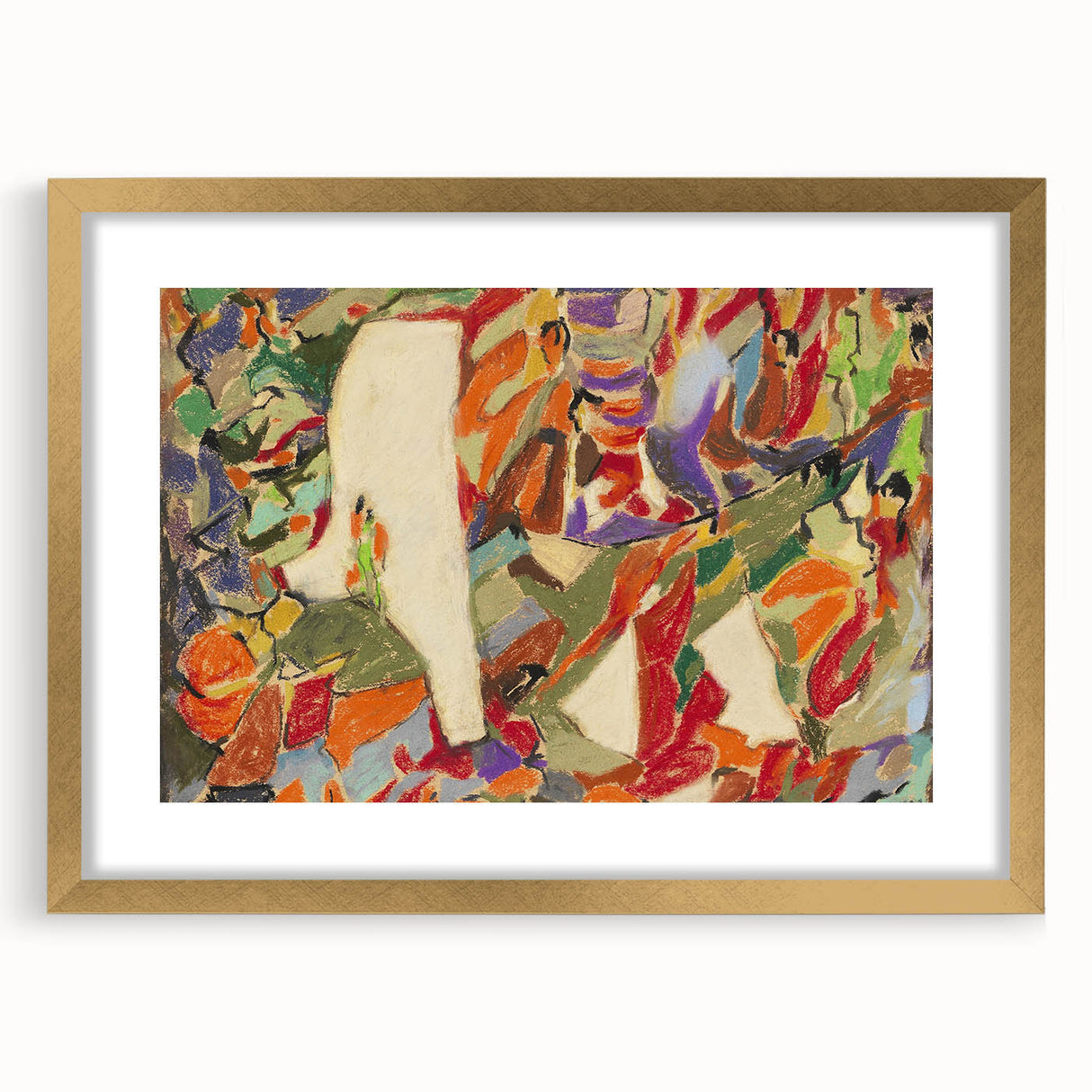 Extra large abstract art print in textured gold frame, featuring vibrant avant-garde design, ideal for living room decor.